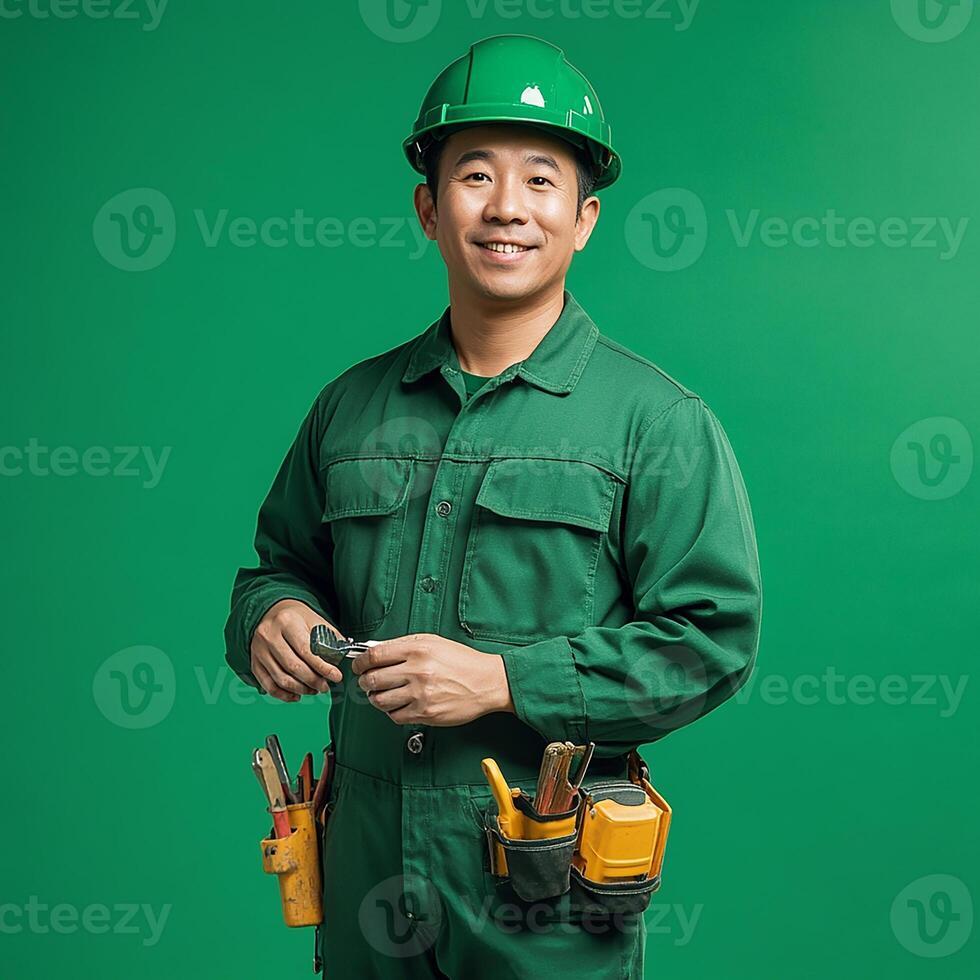 A man in a green coveralls holding a toolbox photo