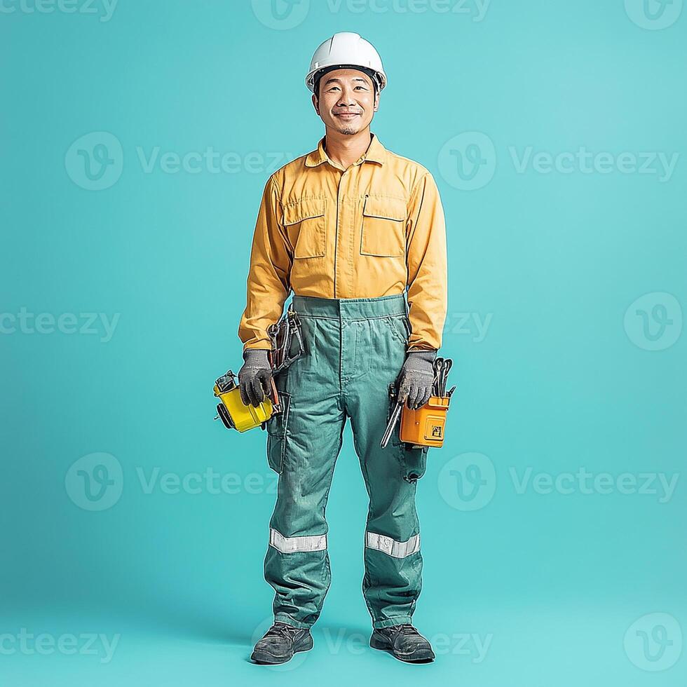 A man in a yellow shirt and overalls holding a tool photo