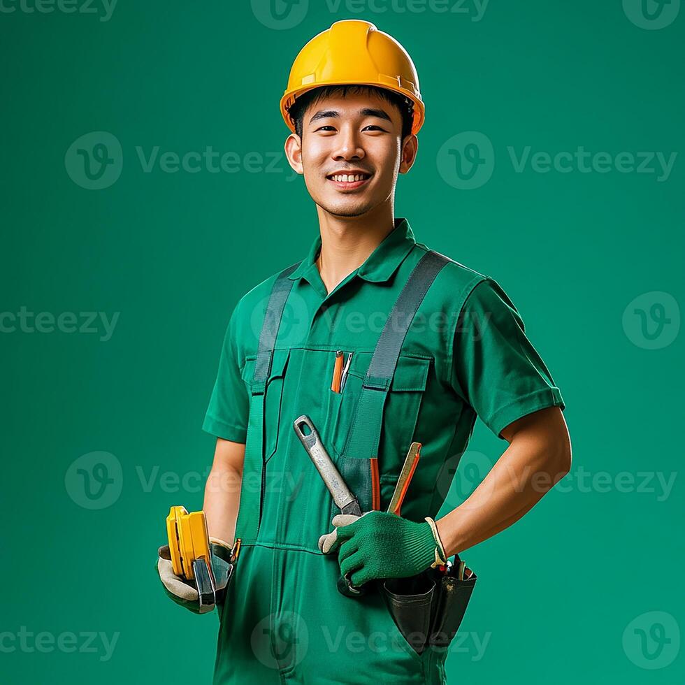 A man in a green overalls and hard hat holding tools photo
