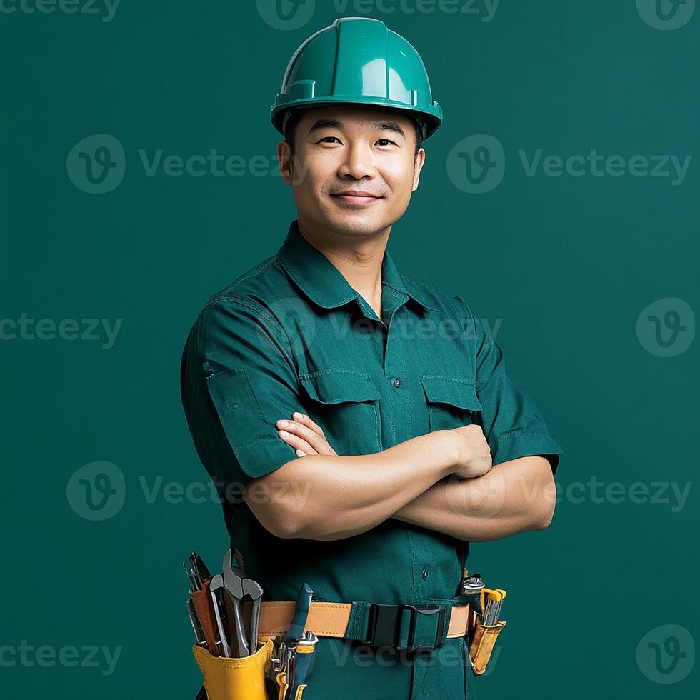 A man in a green uniform with tools photo