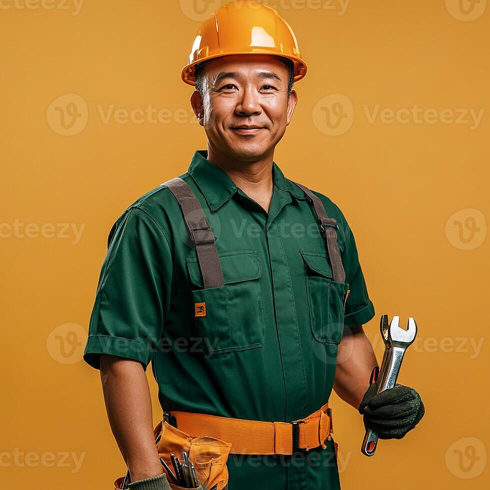 A man in a hard hat and overalls holding a wrench photo