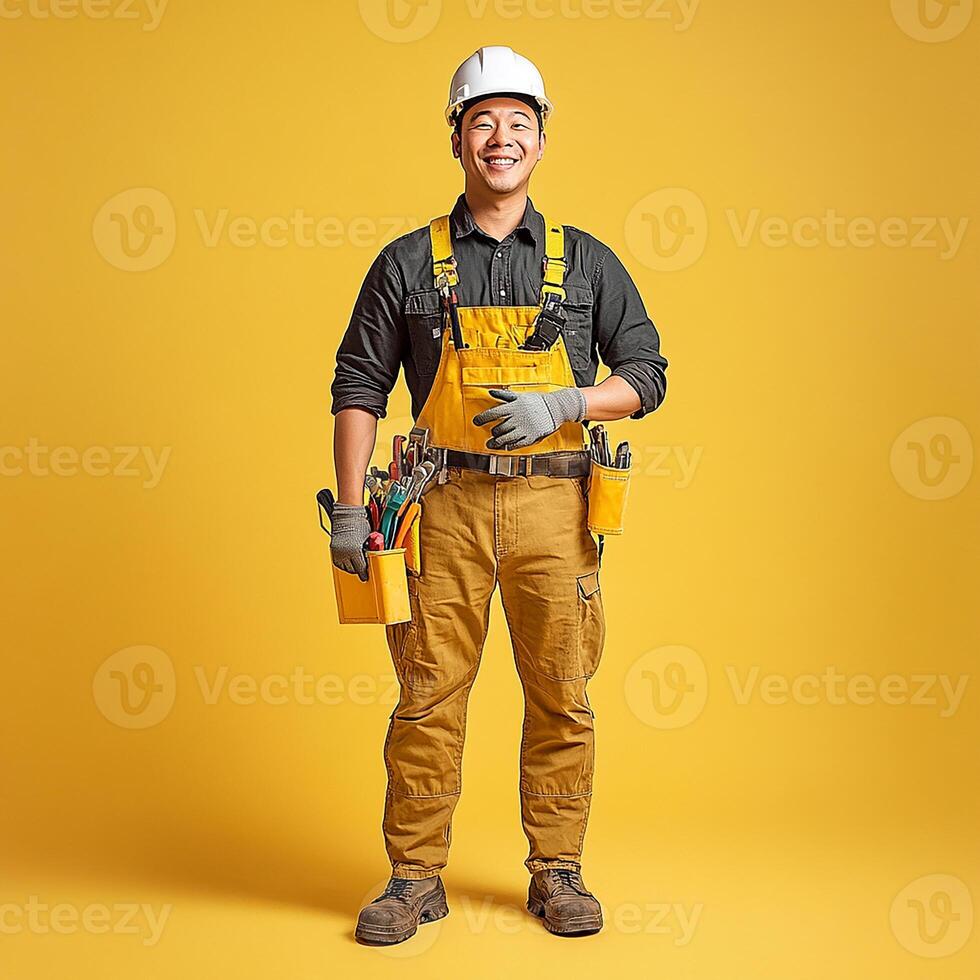A man in overalls holding a toolbox photo