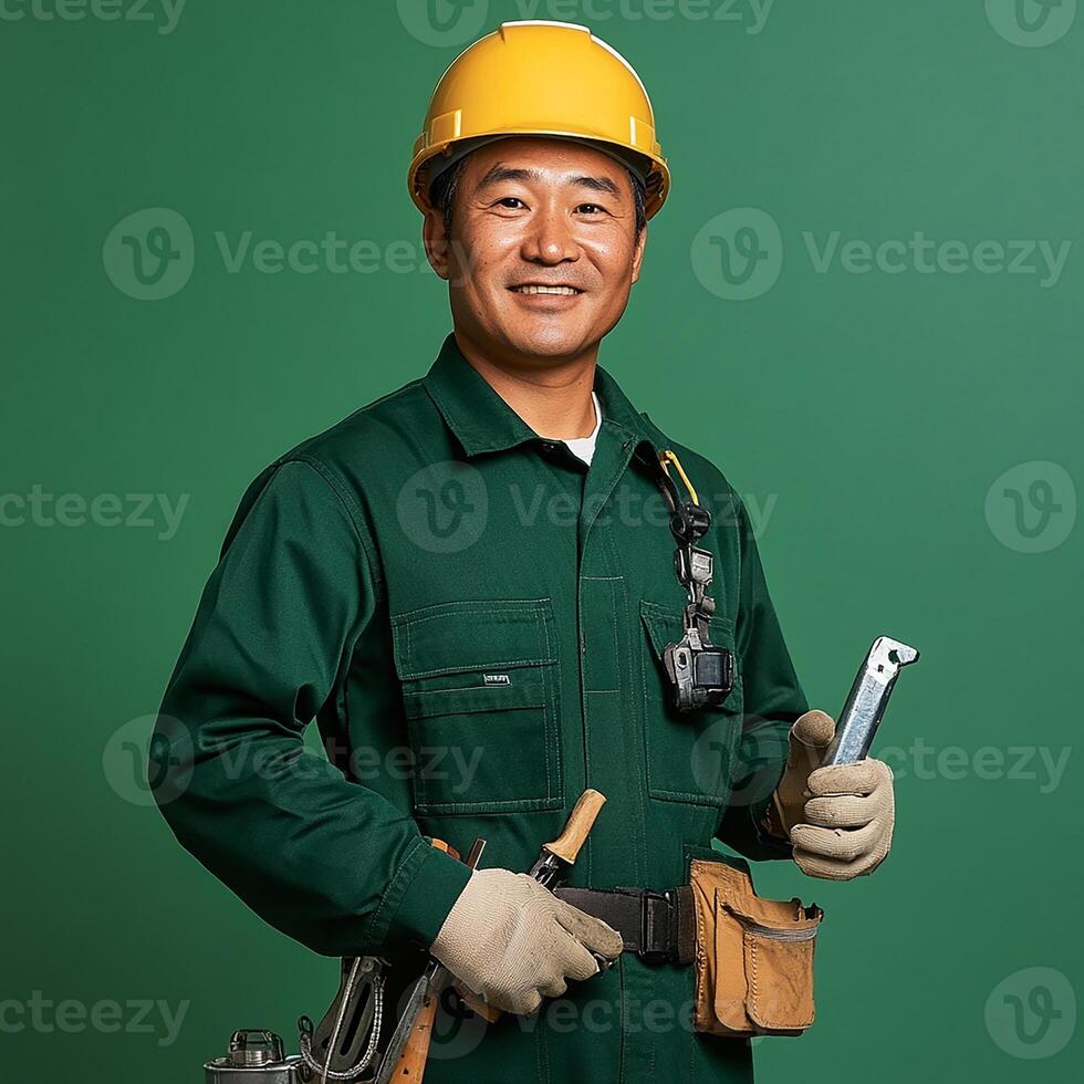 A man in a hard hat and overalls holding a wrench photo
