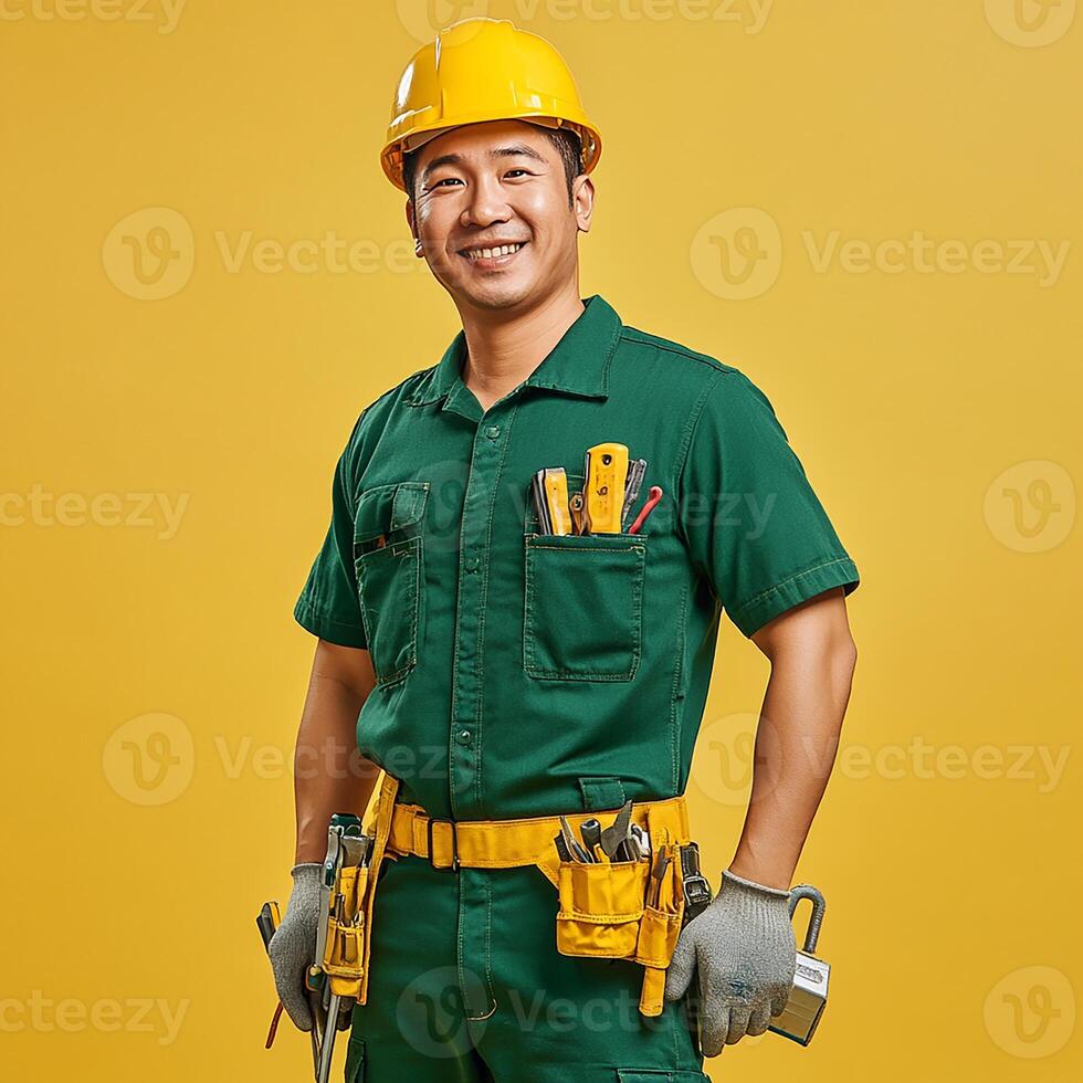 A man in a green work suit holding a tool photo