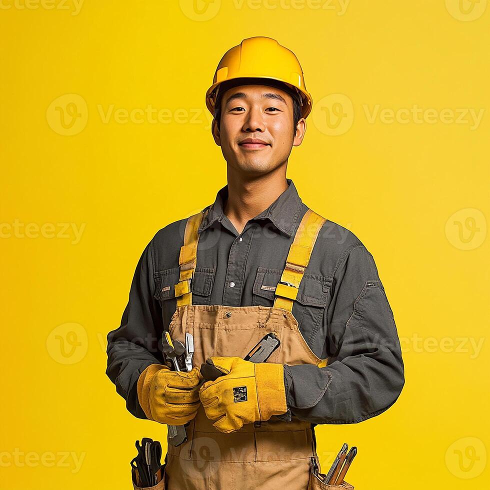 A young man in a hard hat and overalls holding a tool photo