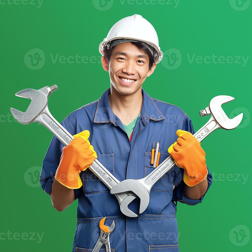 A man in a blue uniform holding two wrenches photo