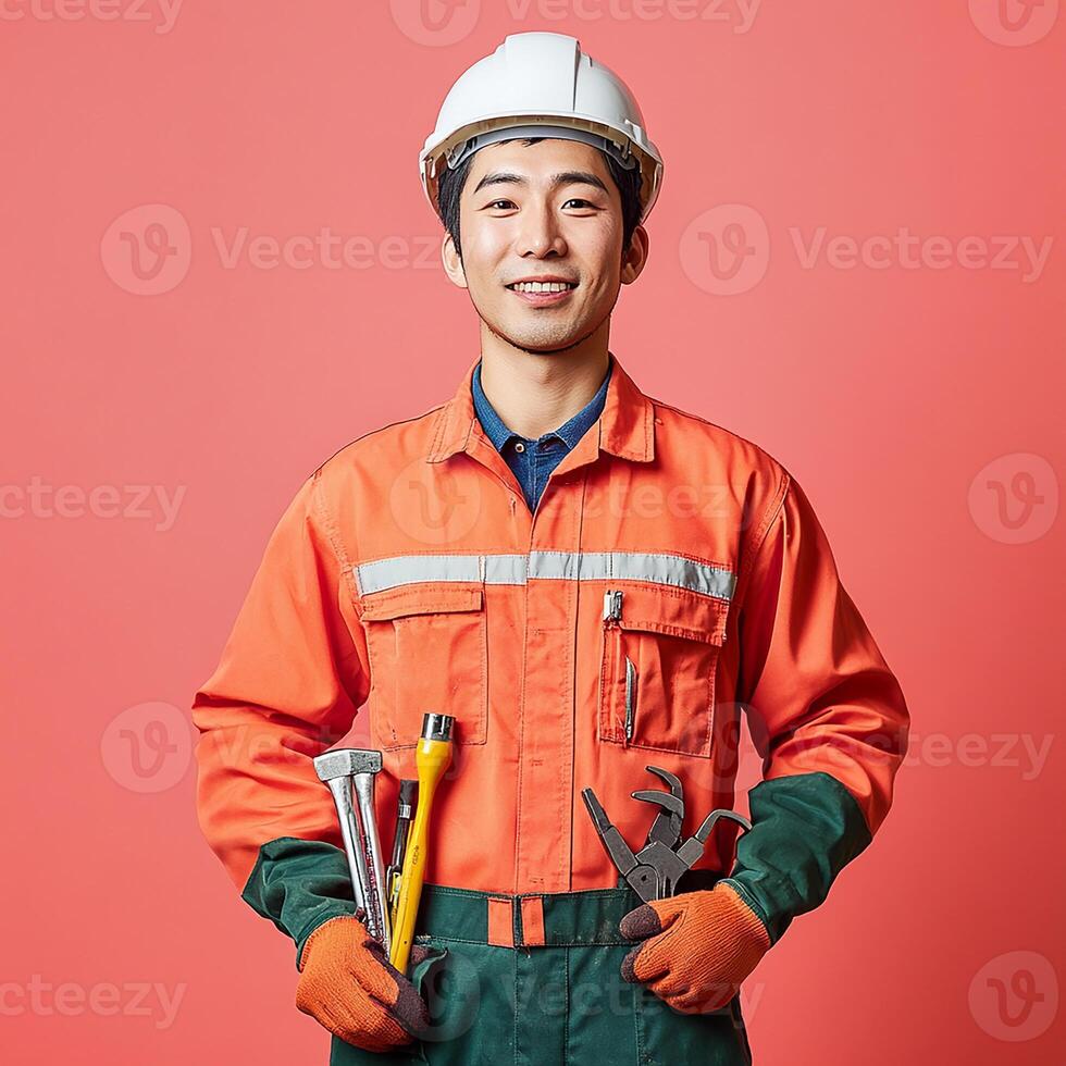 Asian male construction worker holding tools photo