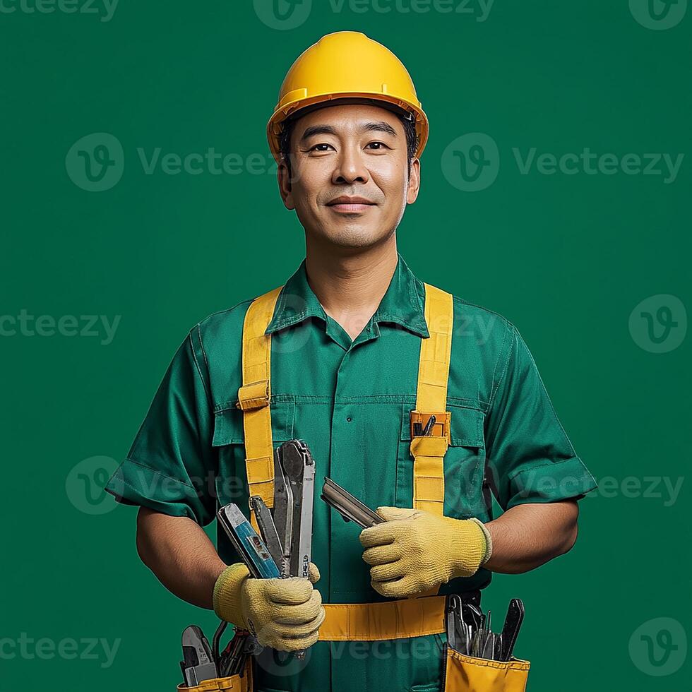 A man in a green shirt and yellow hat holding tools photo