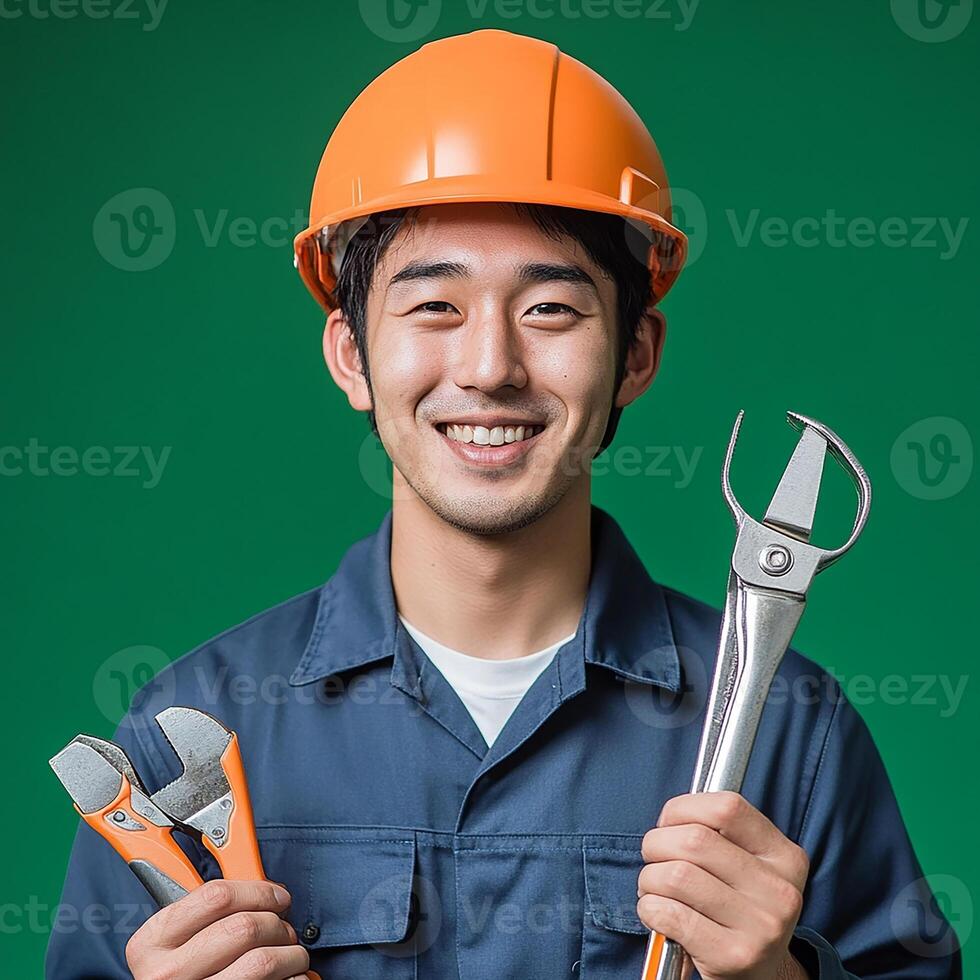 A man in a hard hat holding two wrenches photo