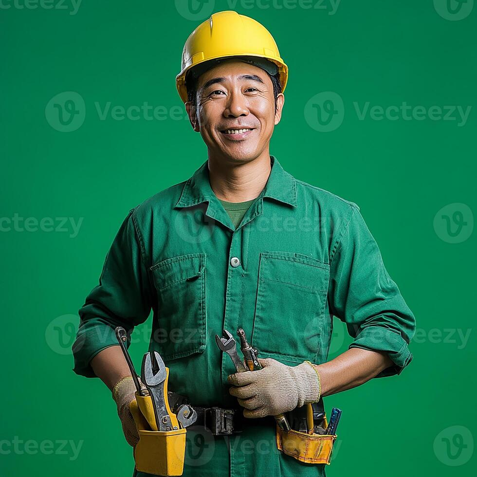 Asian man in green work clothes holding tools photo