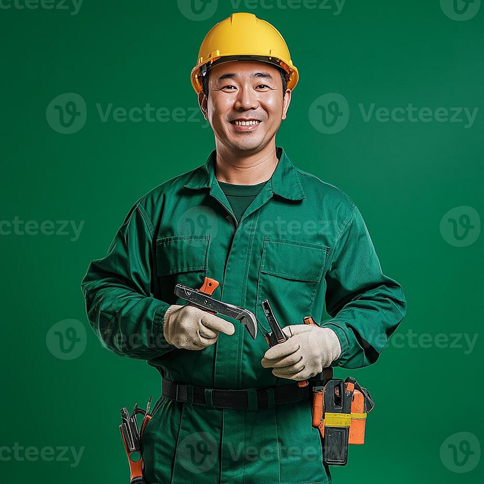 A man in a green work suit holding a wrench photo