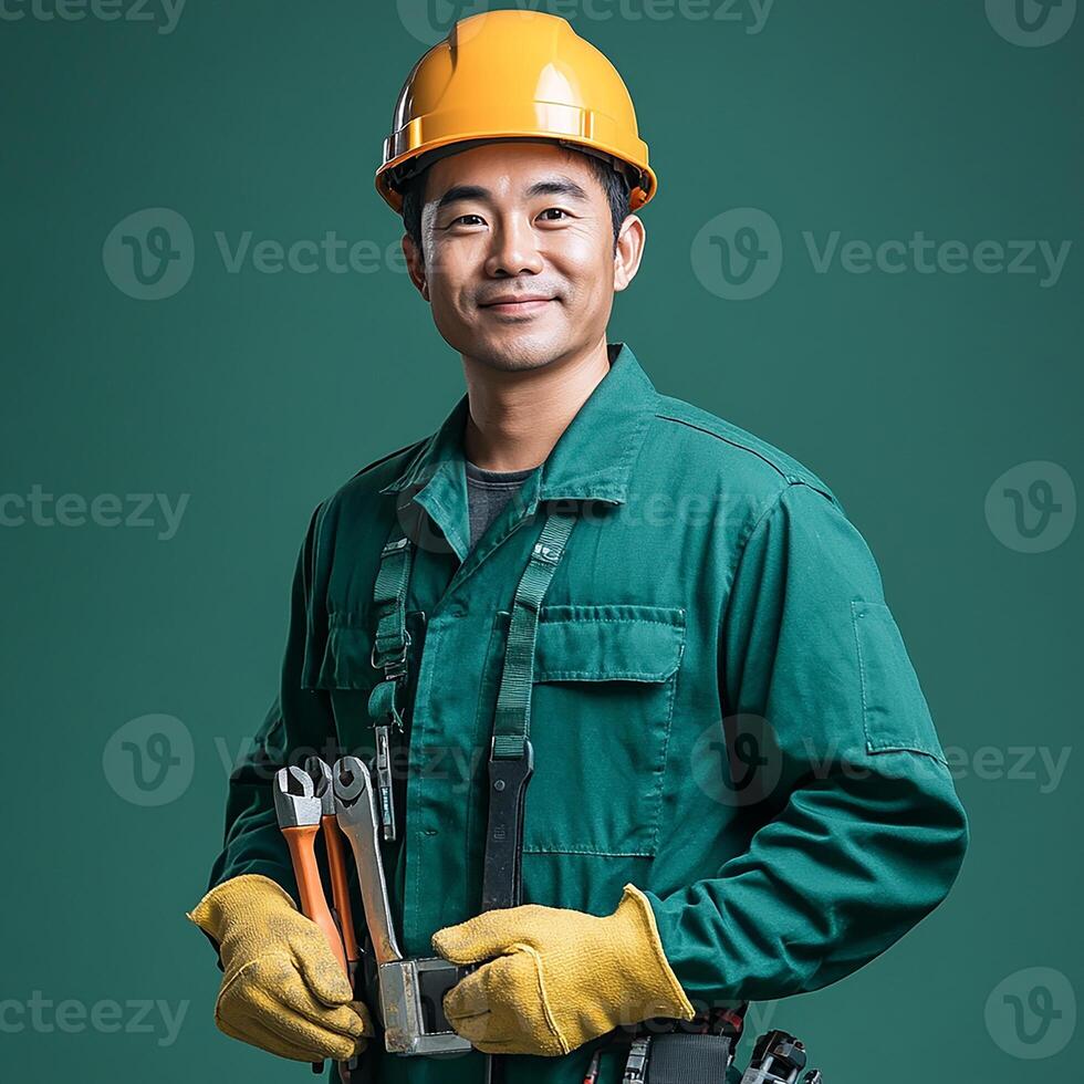 Asian male construction worker holding tools photo