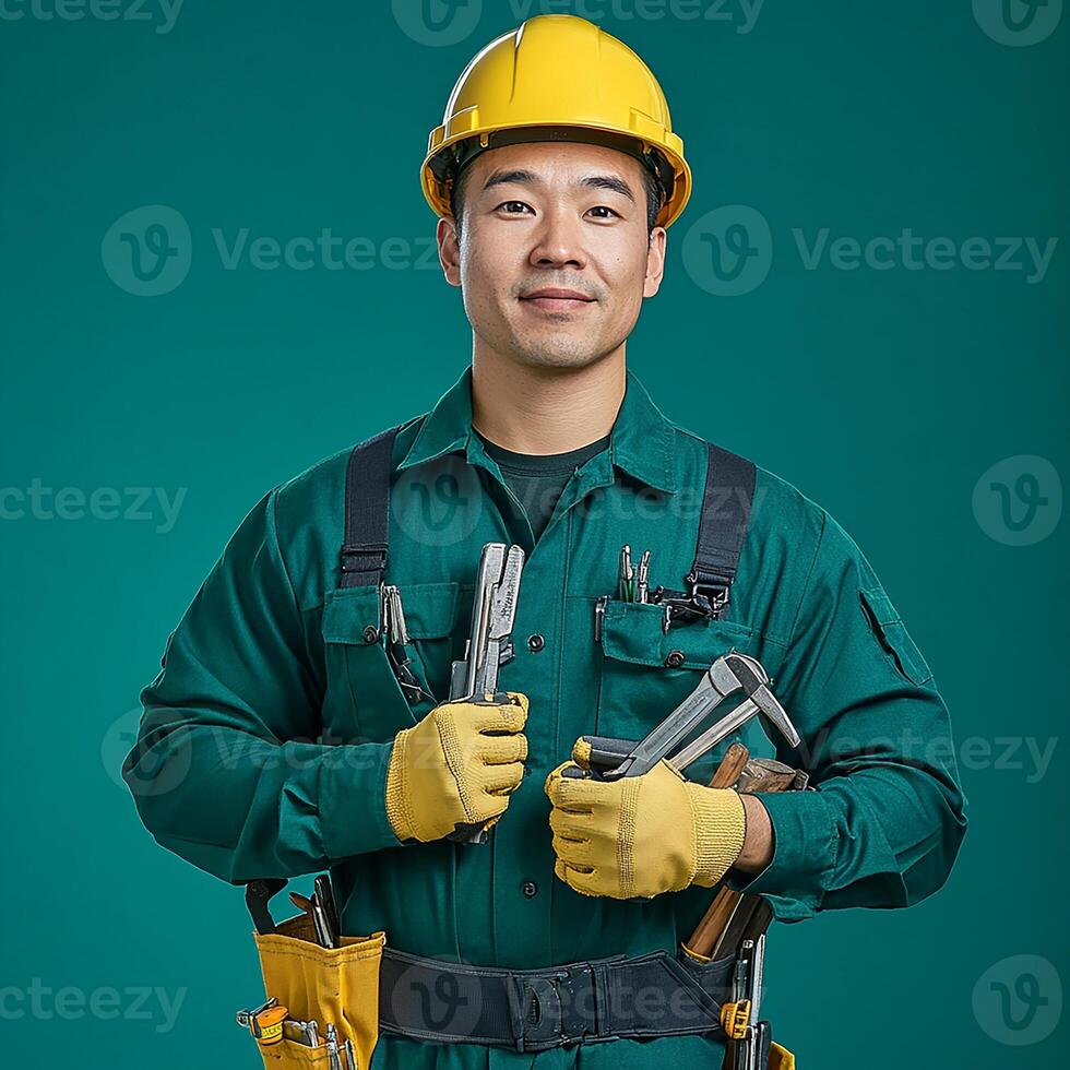 A man in a hard hat and green overalls holding a wrench photo