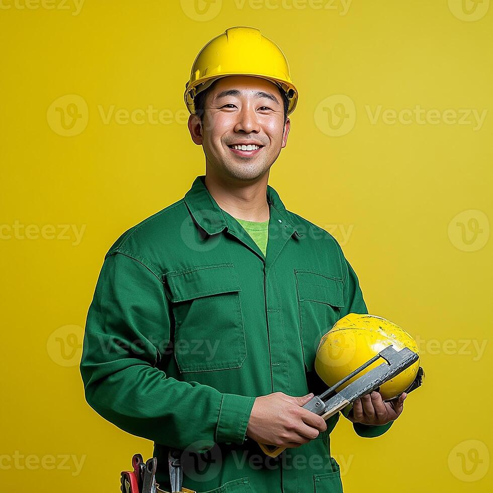 Asian male construction worker holding a yellow helmet and tools photo