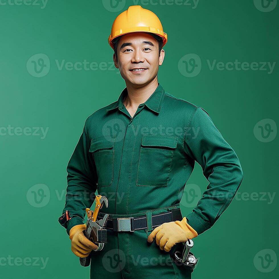 A man in a green coveralls photo