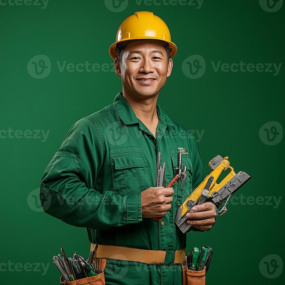 A man in a green uniform holding a tool photo