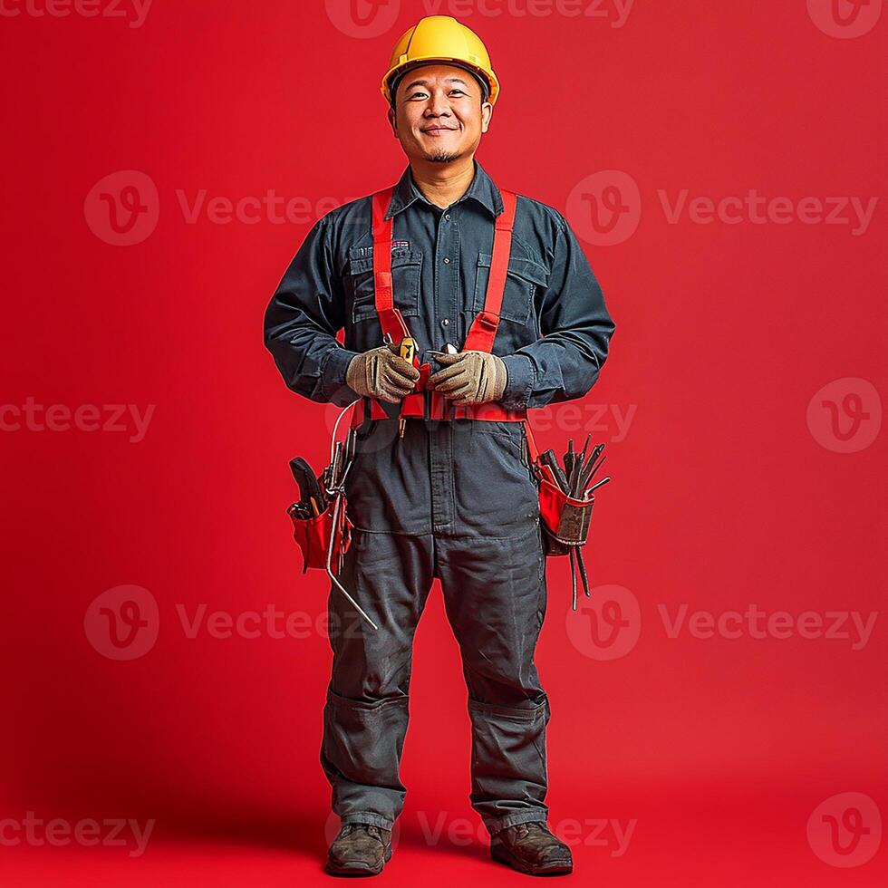 A man in a hard hat and overalls standing in front of a red background photo