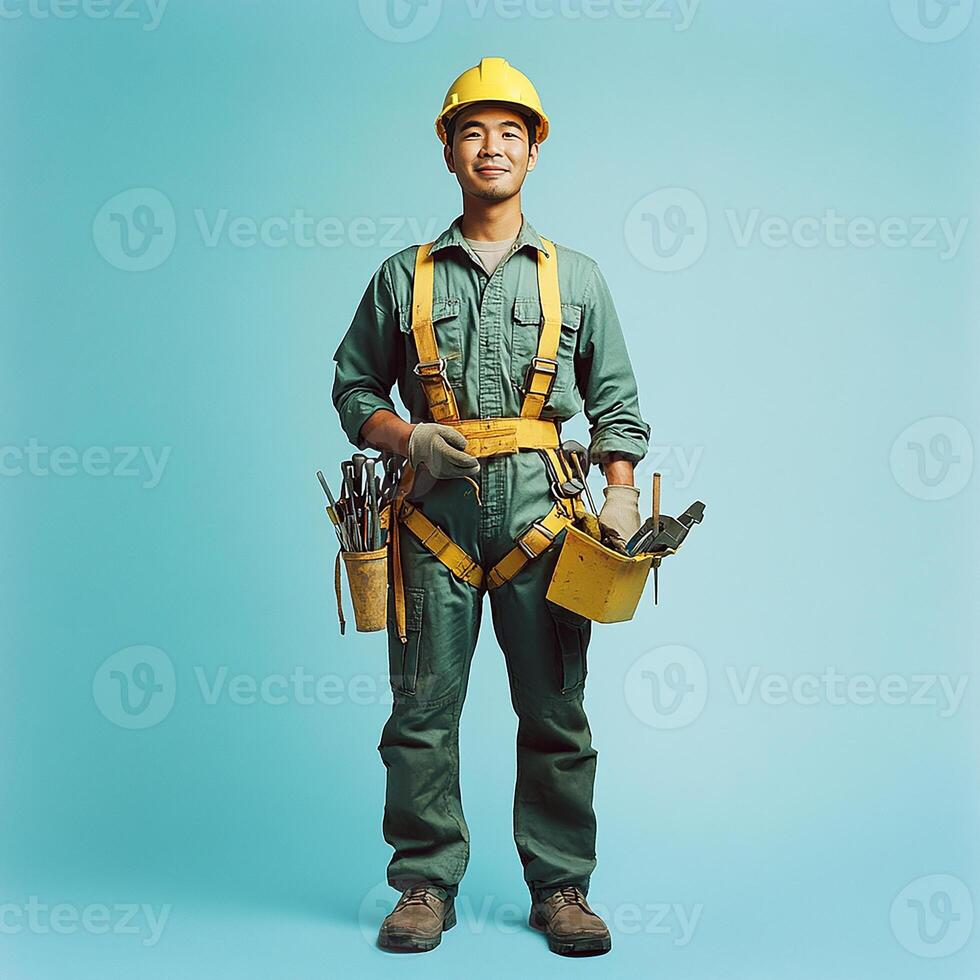 A man in a hard hat and overalls holding tools photo
