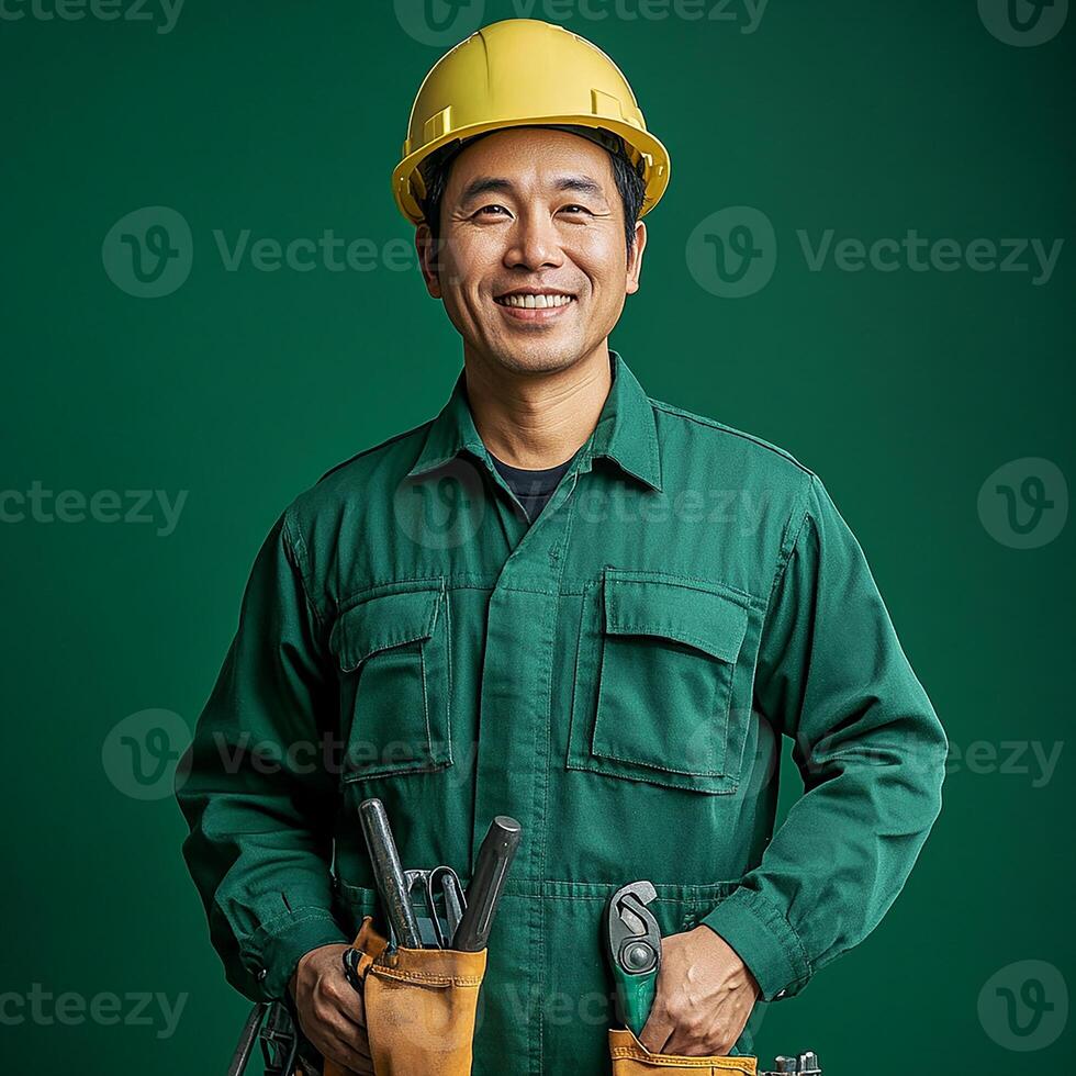 A man in a green work suit photo