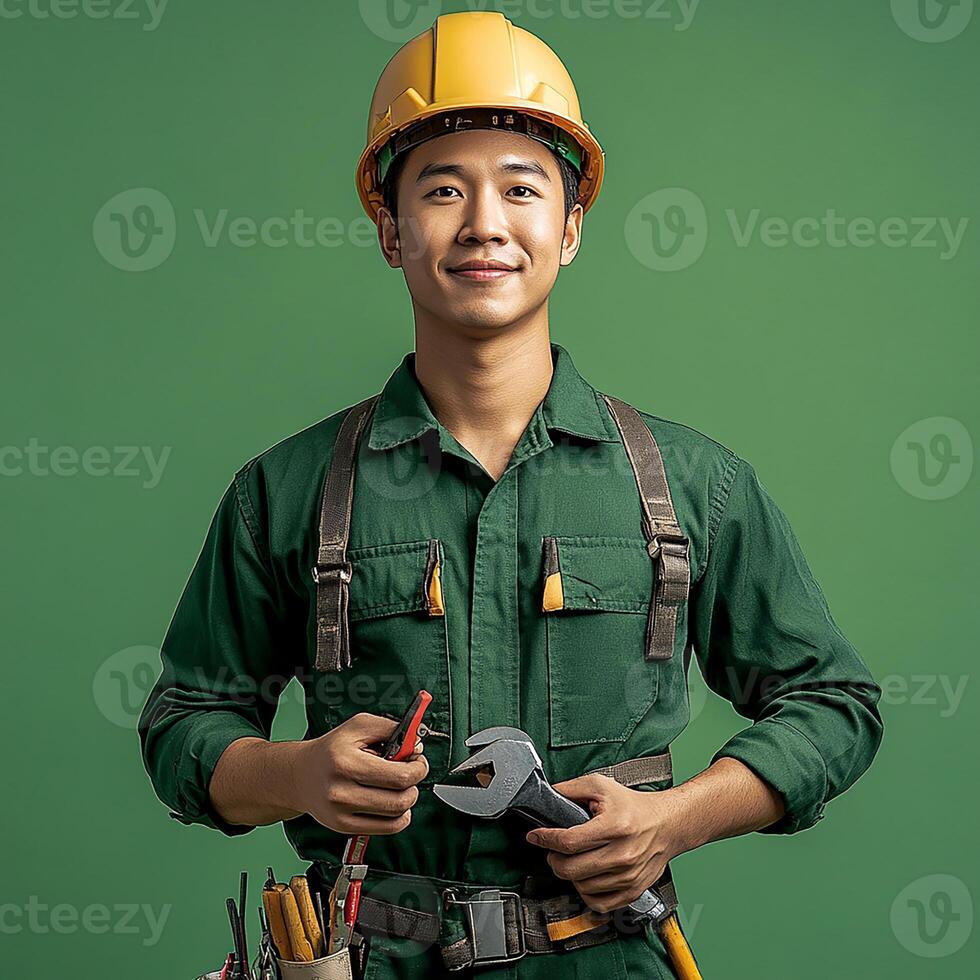 A young man in a hard hat and green shirt holding tools photo