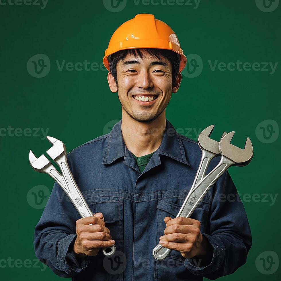 A man in a hard hat holding two wrenches photo