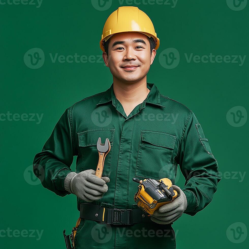 A man in a green uniform holding a wrench photo