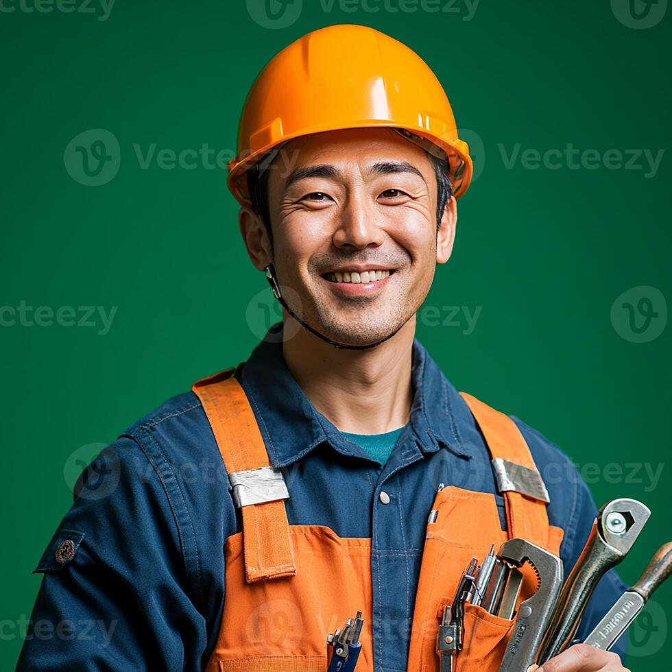 A man in an orange hard hat photo