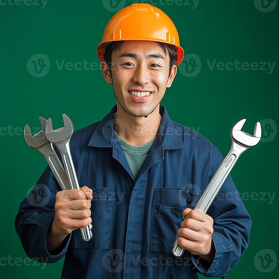A man in a hard hat holding two wrenches photo