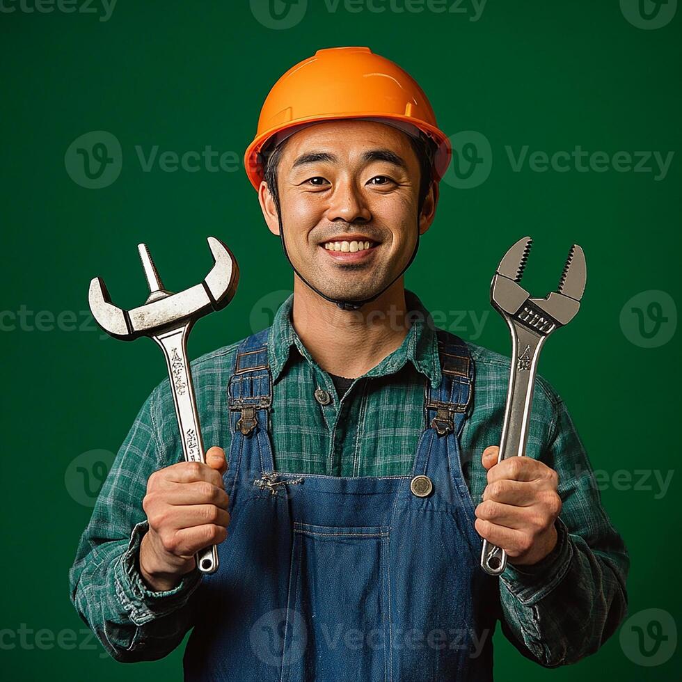 A man in overalls holding two wrenches photo