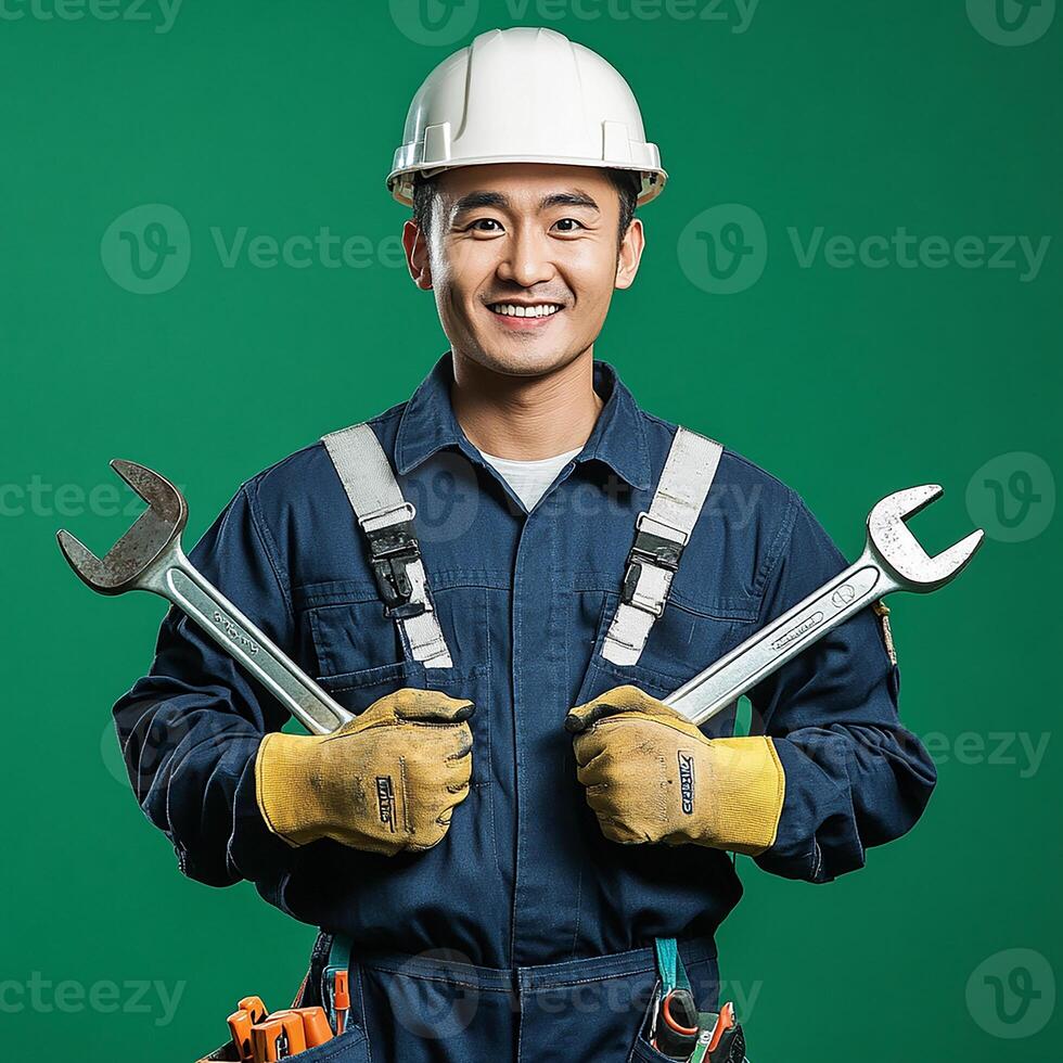 A man in a hard hat holding two wrenches photo