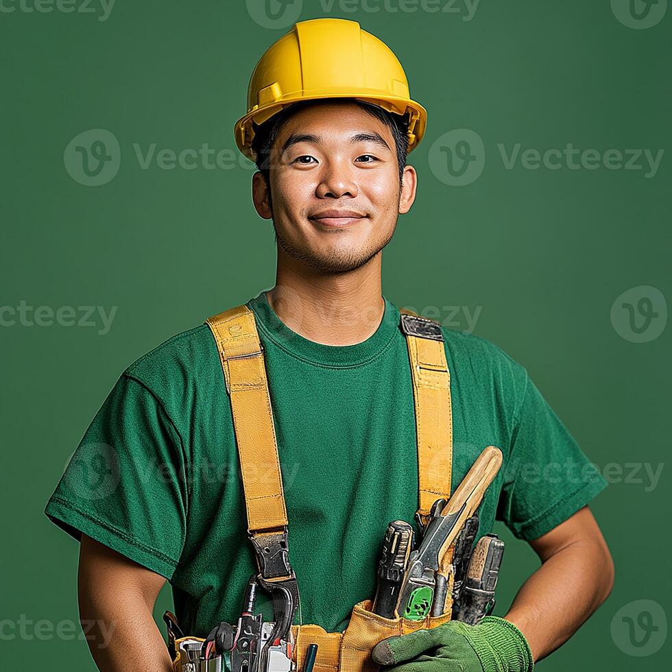 A man in a green shirt and yellow hard hat holding a tool photo