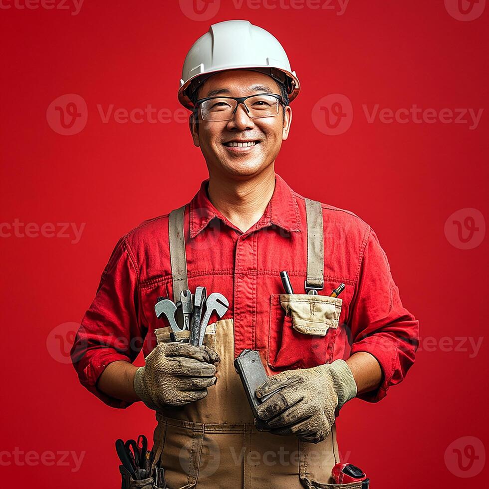 A man in a red shirt and overalls holding a wrench photo