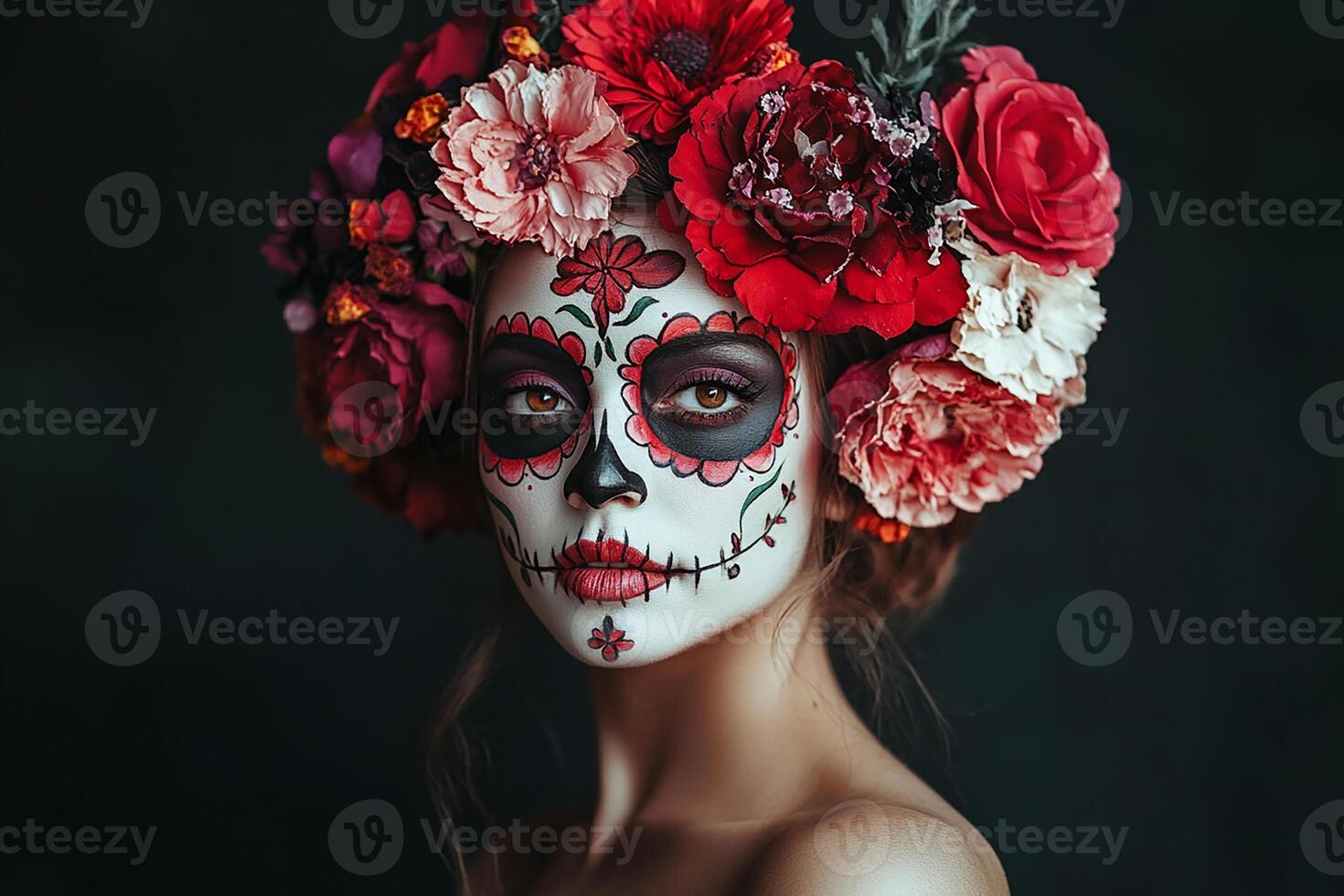 A woman with a sugar skull makeup and flowers photo