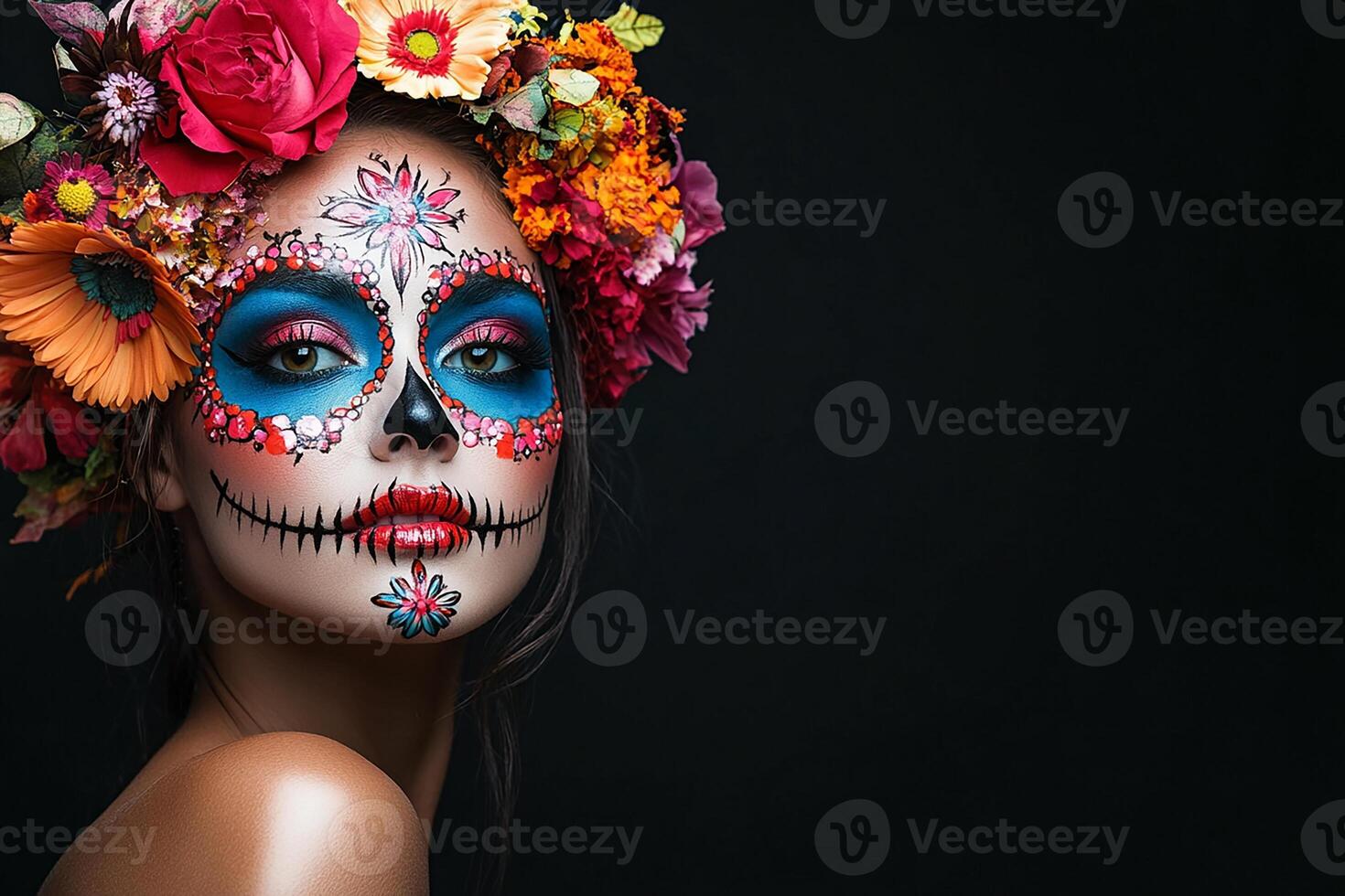 A woman with colorful makeup and flowers in her hair photo