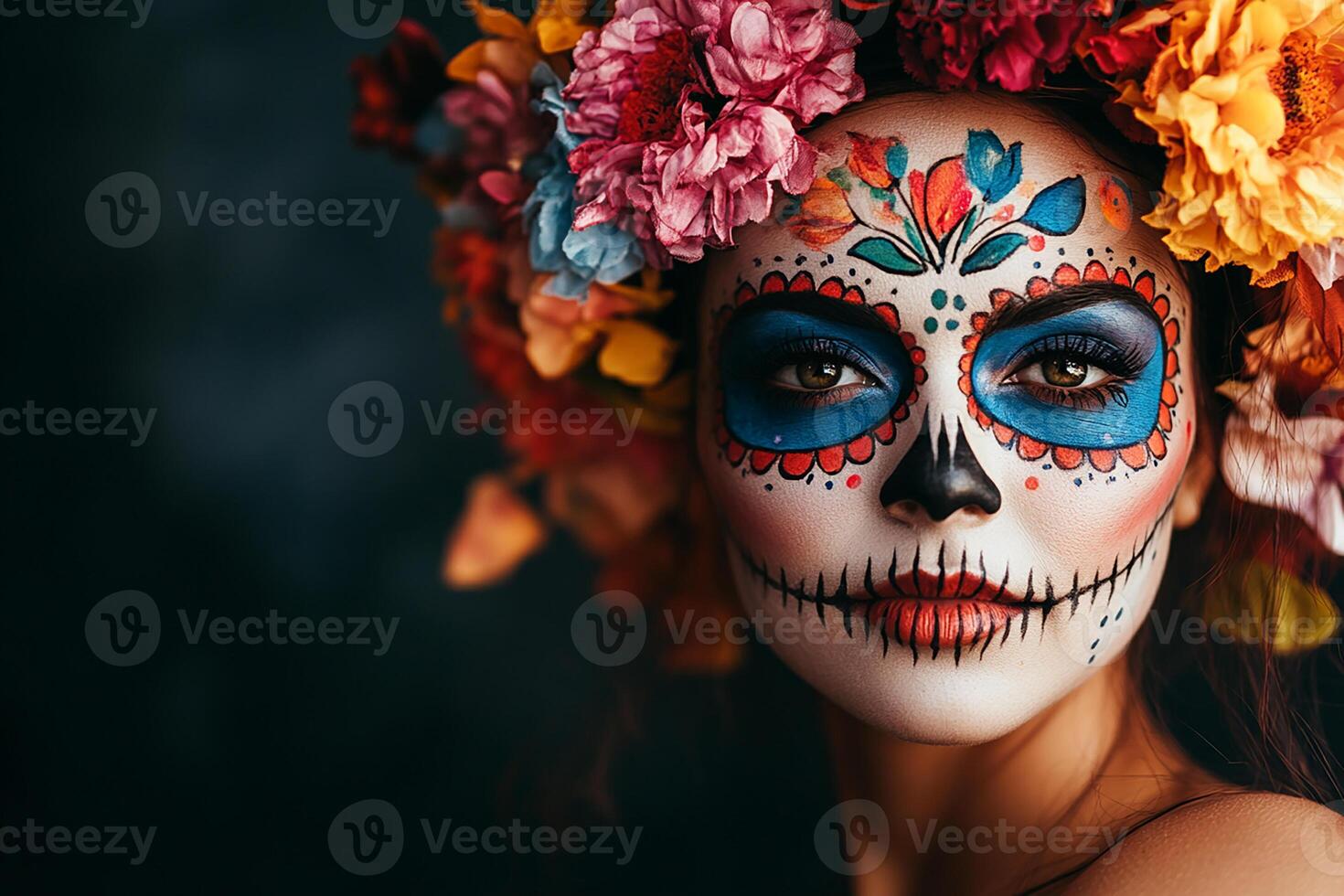 A woman with a sugar skull makeup and flowers photo