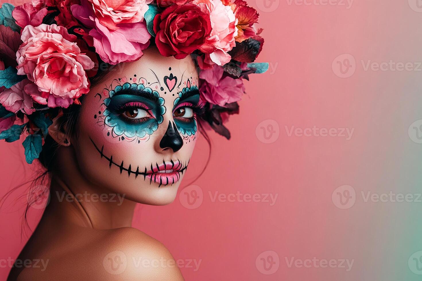 A woman with makeup and flowers in her hair photo