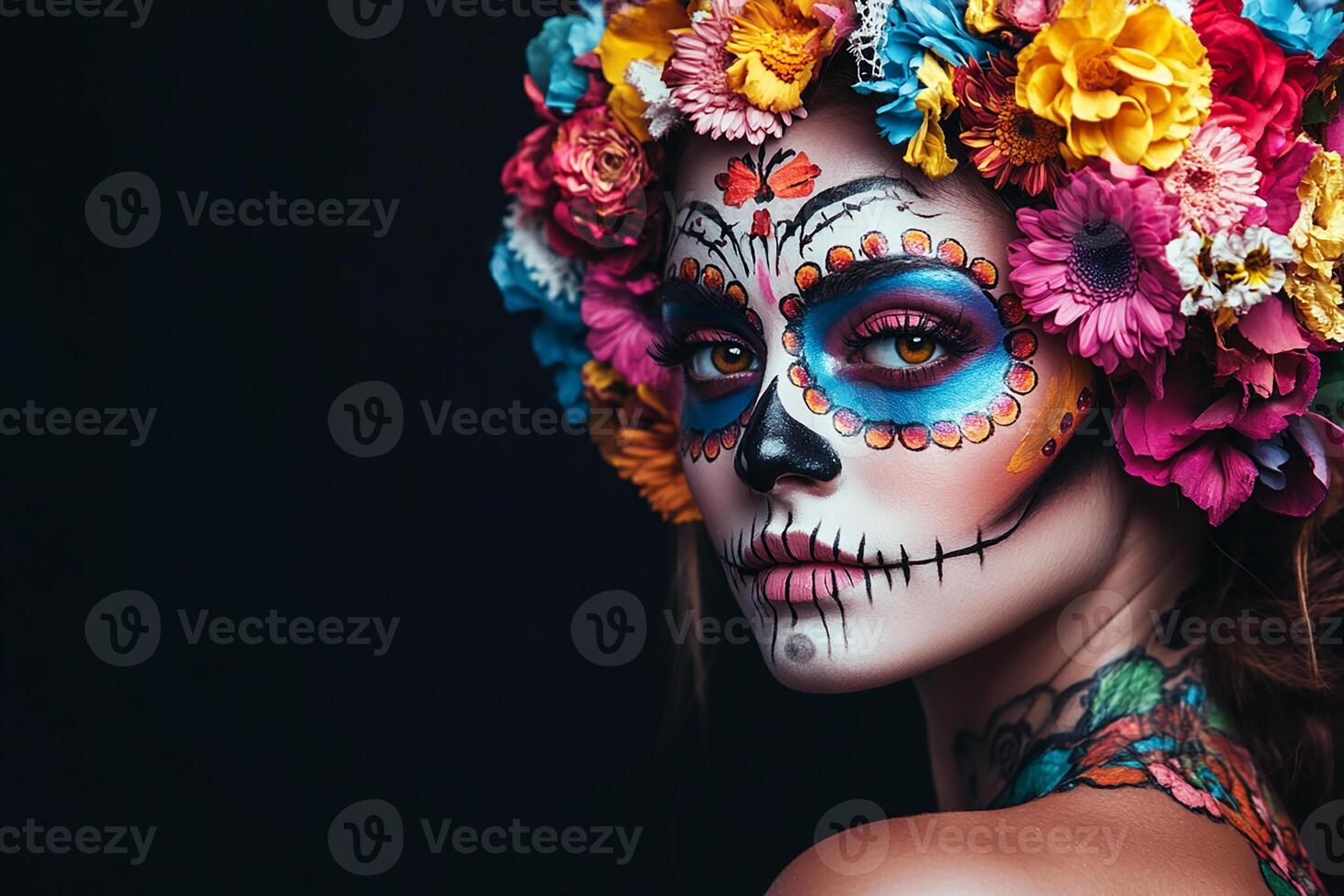 A woman with colorful makeup and flowers in her hair photo