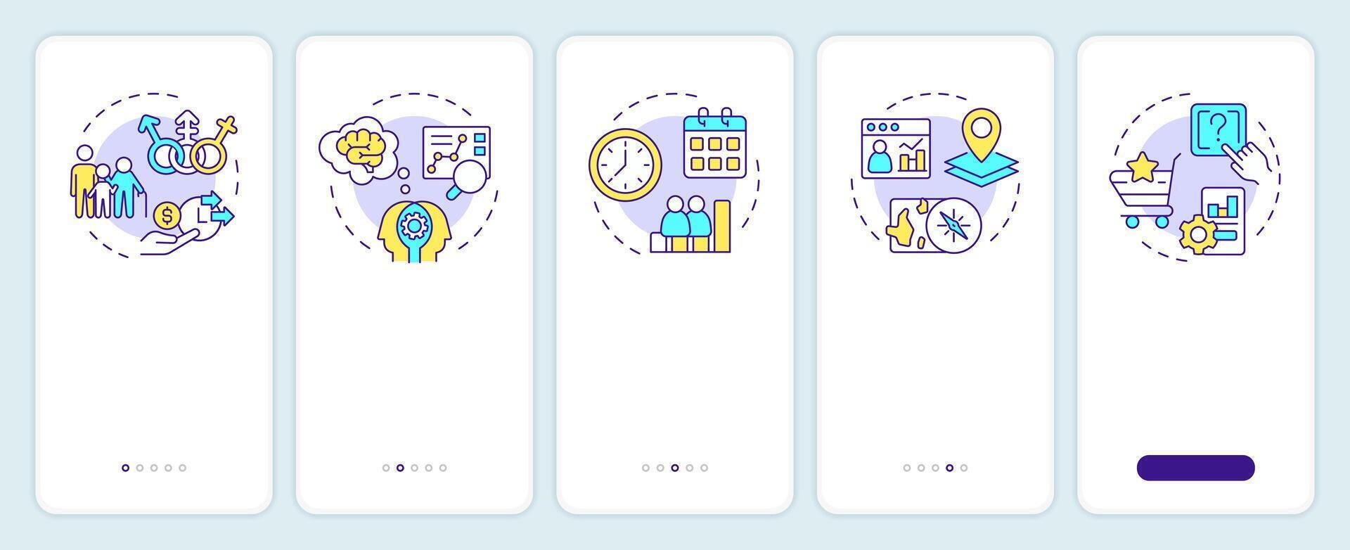 Audience analysis onboarding mobile app screen. Business assess walkthrough 5 steps editable graphic instructions with linear concepts. UI, UX, GUI template vector