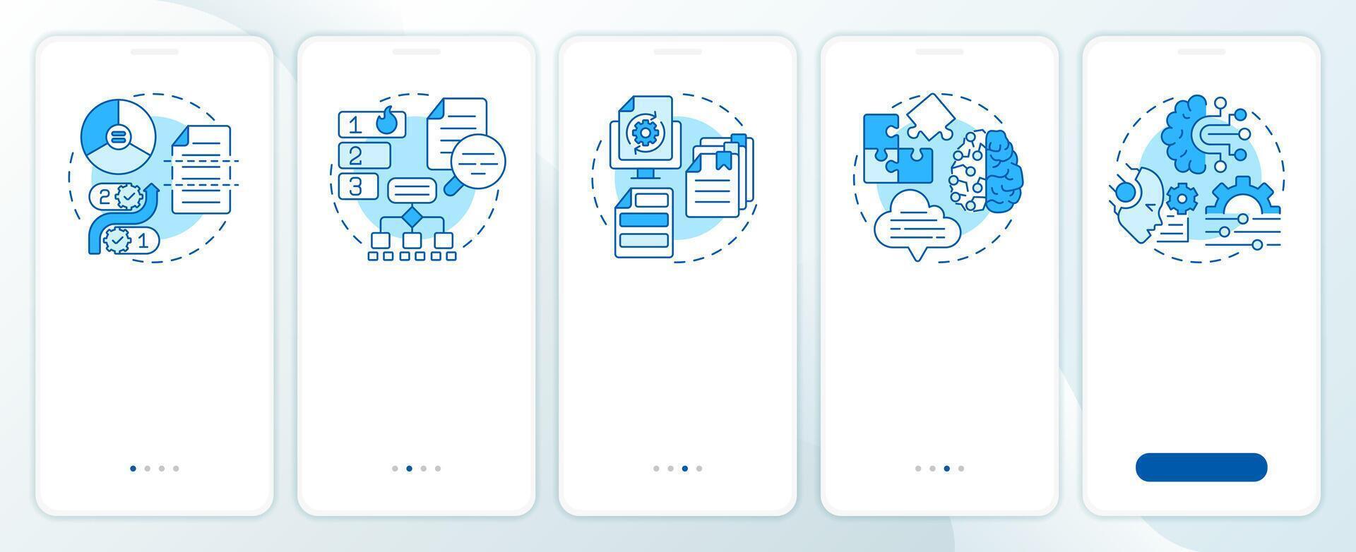 Chunking strategies in RAG blue onboarding mobile app screen. Walkthrough 5 steps editable graphic instructions with linear concepts. UI, UX, GUI template vector
