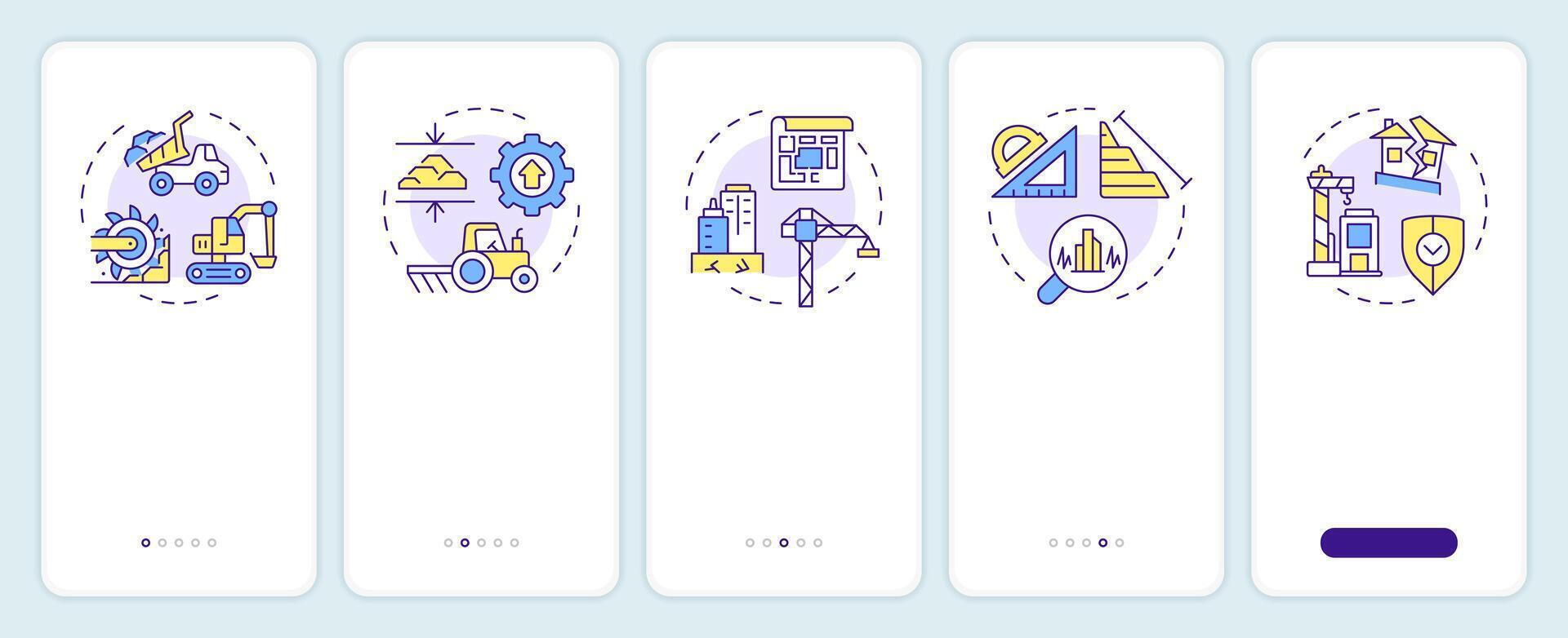 Geotechnical reports onboarding mobile app screen. Industry walkthrough 5 steps editable graphic instructions with linear concepts. UI, UX, GUI template vector