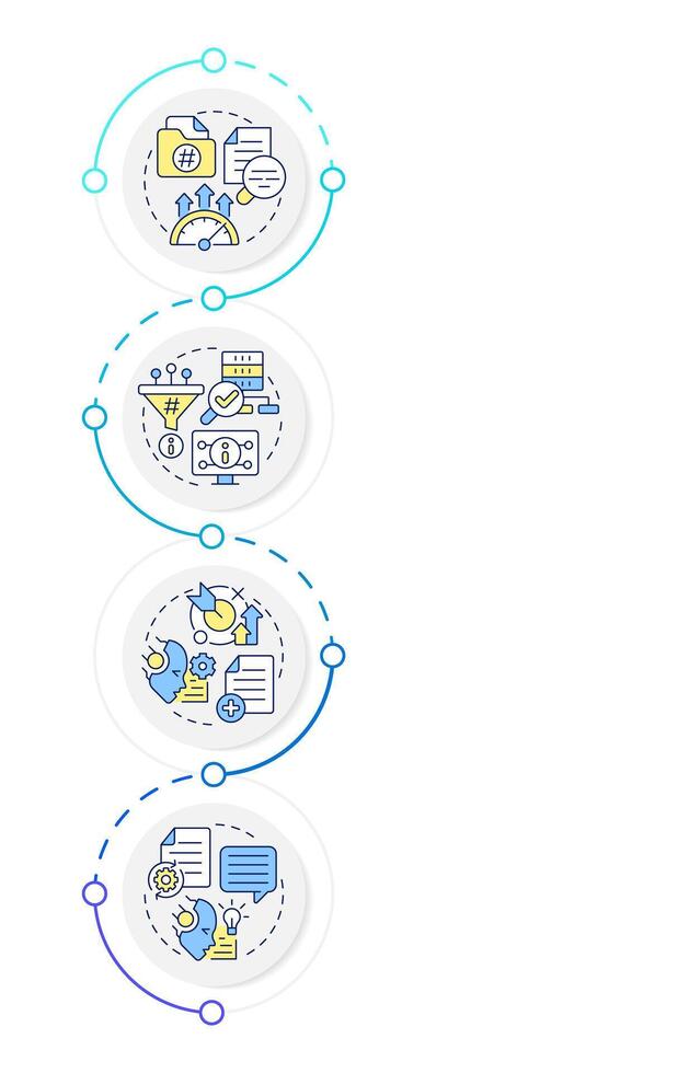 RAG process infographic vertical sequence. AI and machine learning in semantic analytics. Visualization infochart with 4 steps. Circles workflow vector