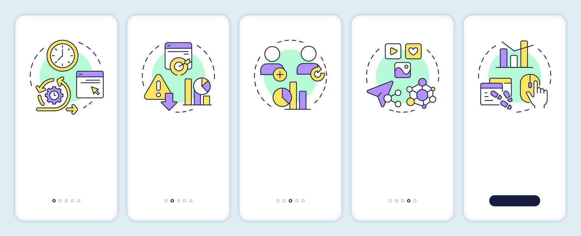 Audience engagement metrics onboarding mobile app screen. Walkthrough 5 steps editable graphic instructions with linear concepts. UI, UX, GUI template vector