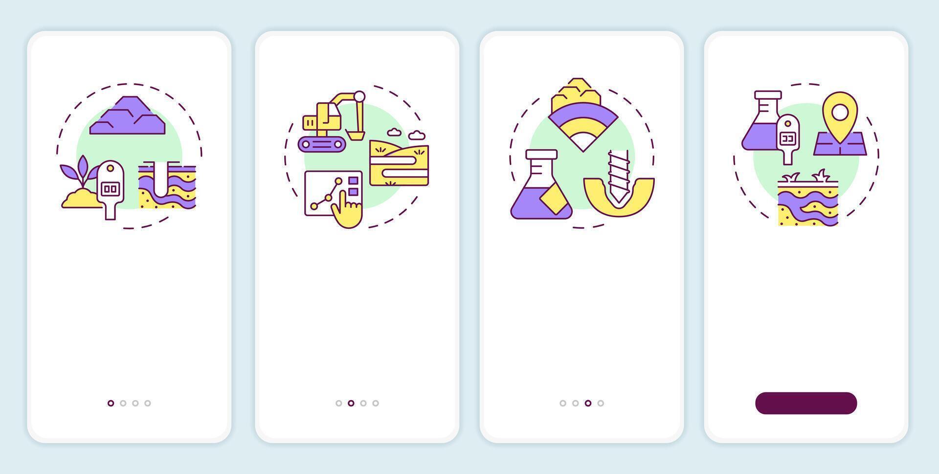 geotécnico pruebas inducción móvil aplicación pantalla. jardines encuesta recorrido 4 4 pasos editable gráfico instrucciones con lineal conceptos. ui, ux, gui modelo vector