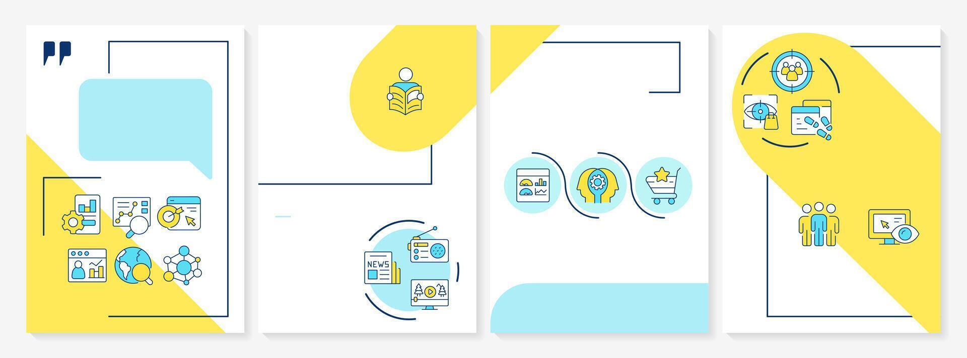 Audience analysis blue and yellow brochure template. Customers data researching for e commerce. Leaflet design with linear icons. Editable 4 layouts vector
