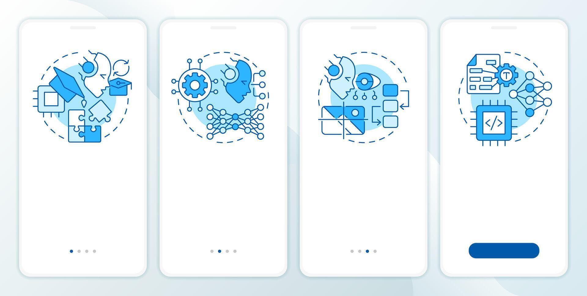 Concept of blue onboarding mobile app screen. Walkthrough 4 steps editable graphic instructions with linear concepts. UI, UX, GUI template vector