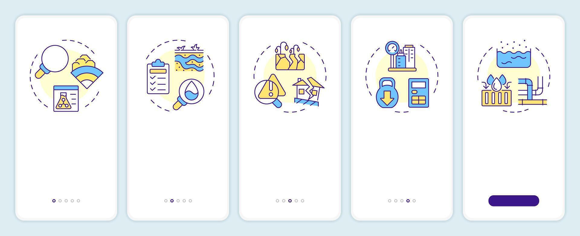 Geotech survey onboarding mobile app screen. Geology walkthrough 5 steps editable graphic instructions with linear concepts. UI, UX, GUI template vector