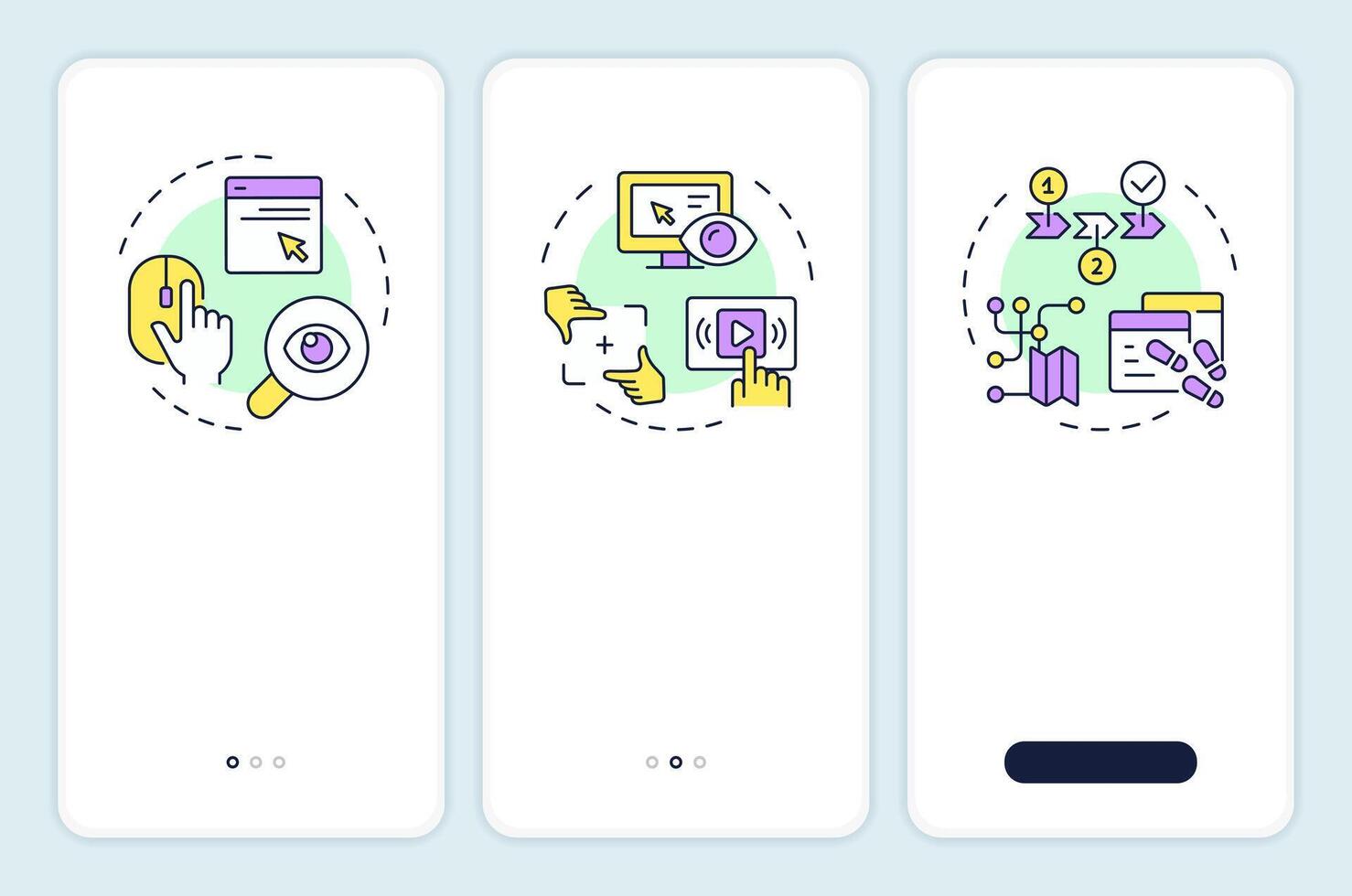 Kinds of website visitor tracking onboarding mobile app screen. Walkthrough 3 steps editable graphic instructions with linear concepts. UI, UX, GUI template vector