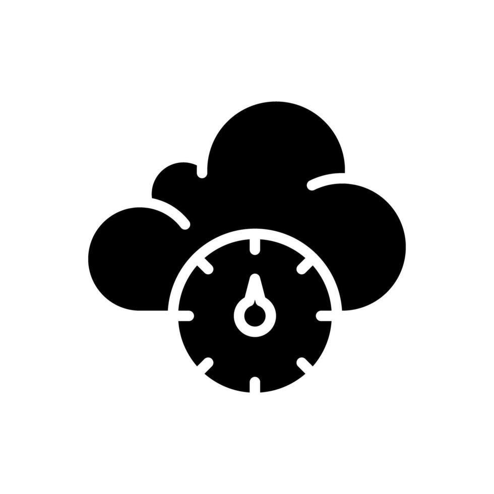 Atmospheric pressure black glyph icon. Cloud with barometer gauge. Weather forecast. Changes in air pressure. Silhouette symbol on white space. Solid pictogram. Isolatedillustration vector
