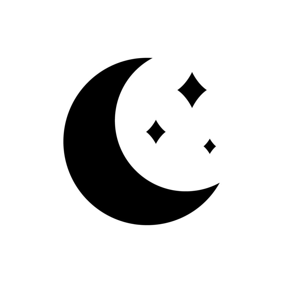 Moon black glyph icon. Crescent moon accompanied by sparkling stars. Symbol of nighttime and calmness. Night sky. Silhouette symbol on white space. Solid pictogram. Isolatedillustration vector