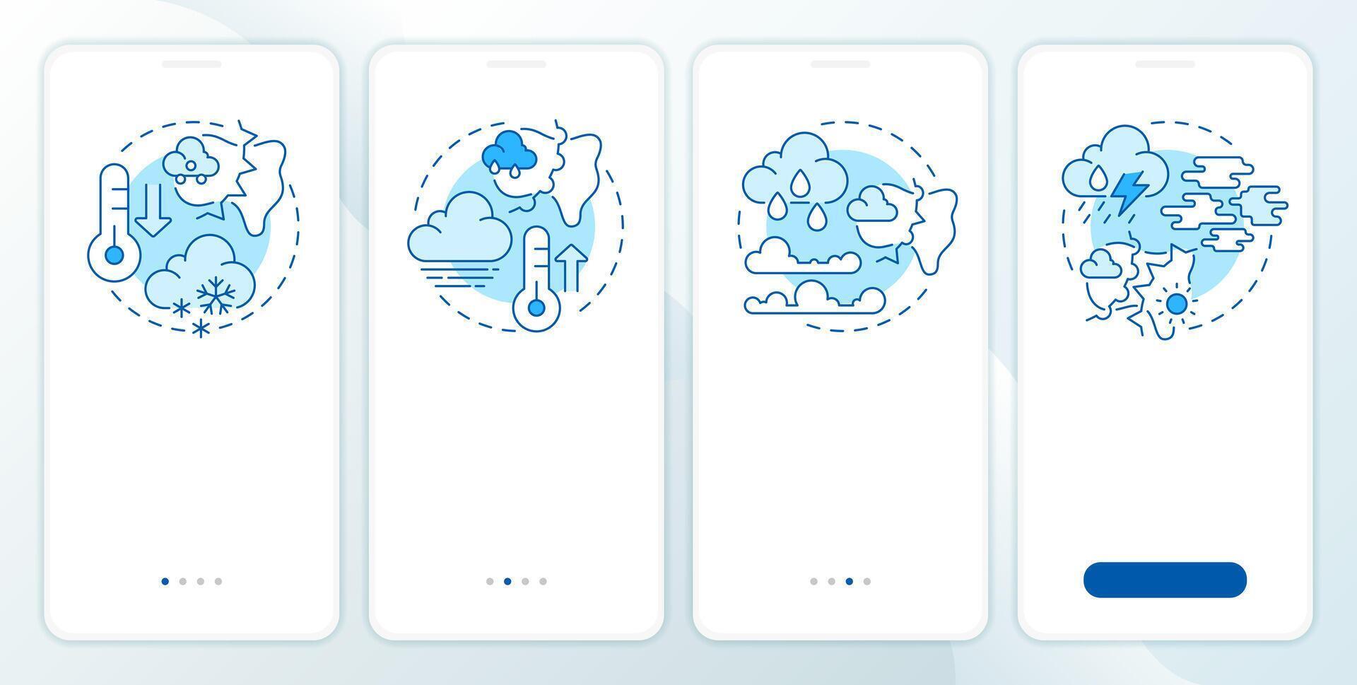 Weather fronts blue onboarding mobile app screen. Climate walkthrough 4 steps editable graphic instructions with linear concepts. UI, UX, GUI template vector